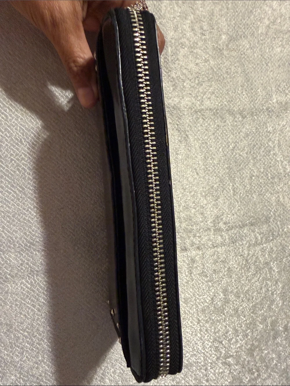 Coach Black Patent Leather Zip Card Holder with Stud Accents